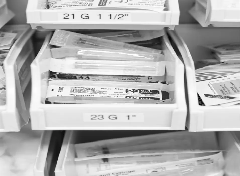 A drawer of sterile needles in a range of gauges