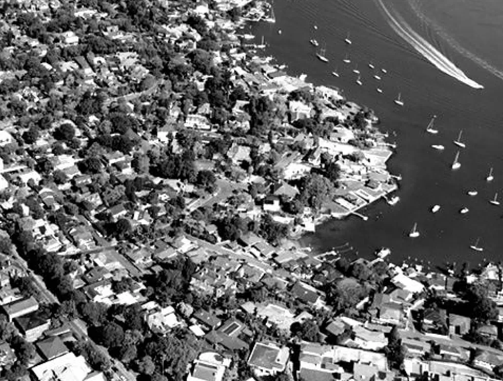 Aerial view of the Hunters Hill peninsula and the river
