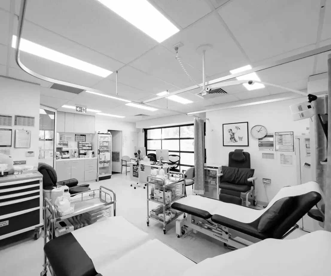 The on-site treatment room with a procedure chair and clinical equipment