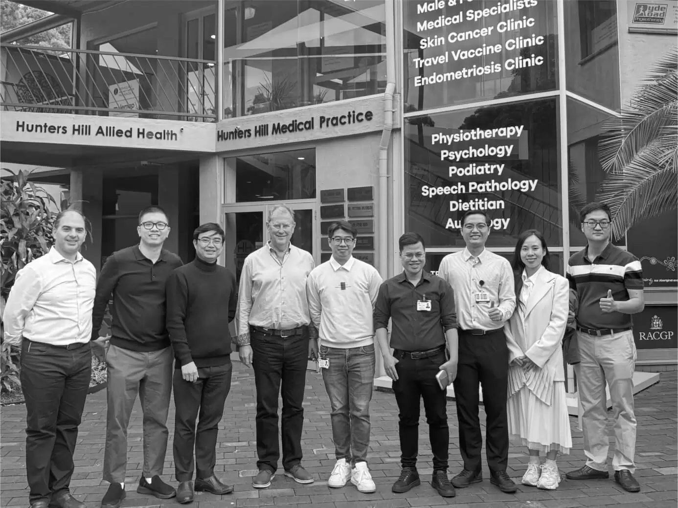 A group of medical trainees outside the Hunters Hill Medical Practice entrance