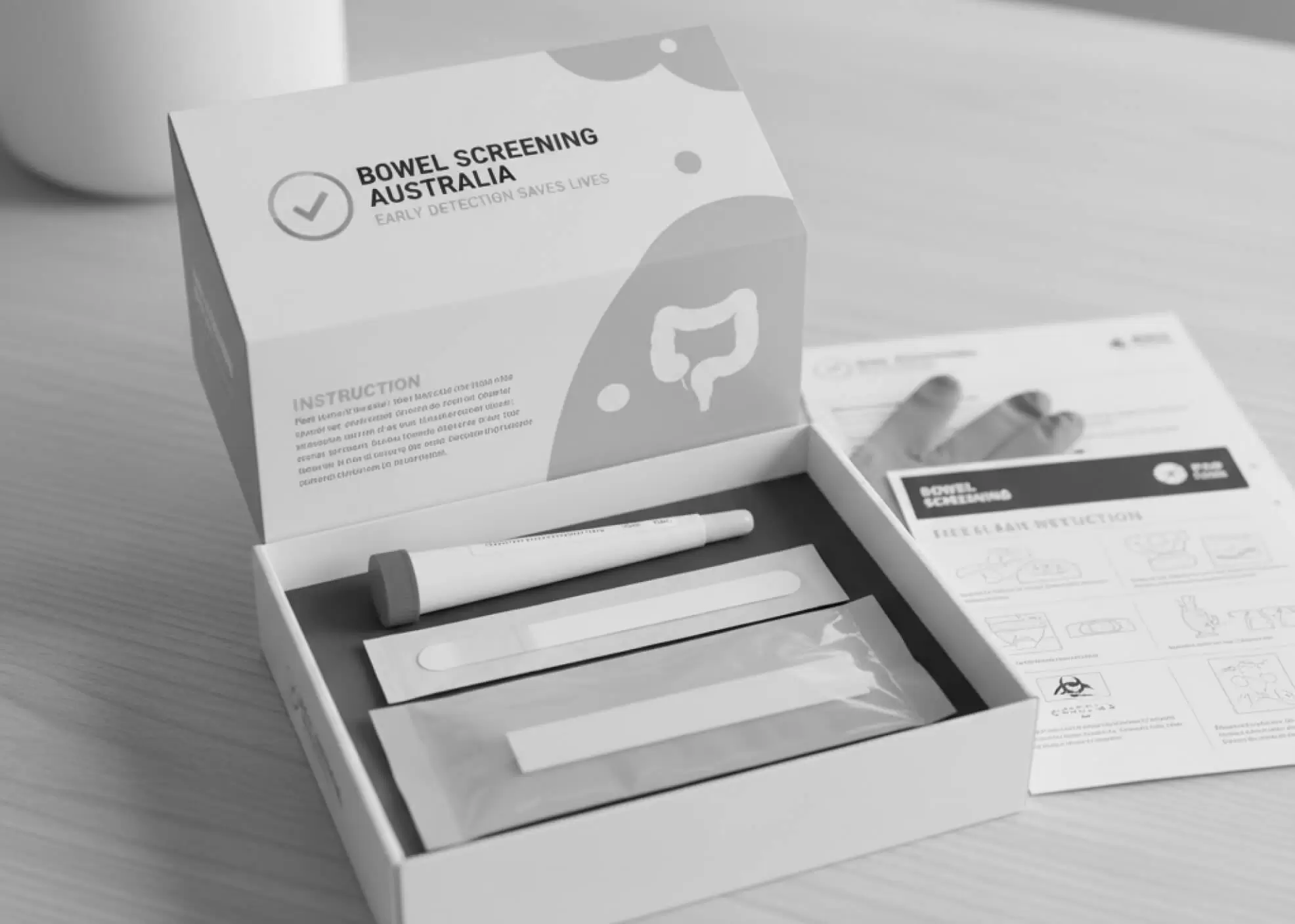 A bowel cancer screening test kit from the National Bowel Cancer Screening Program