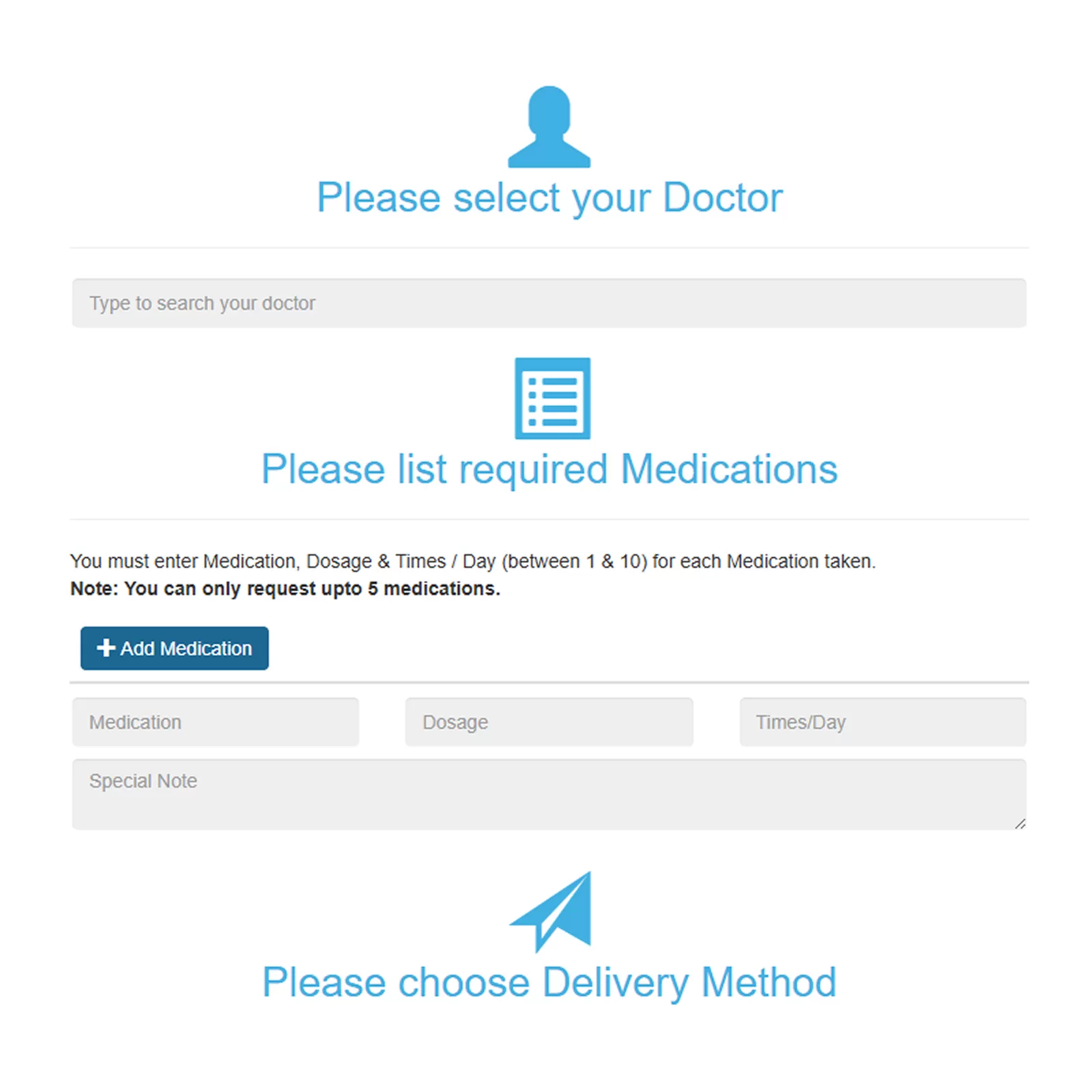 The online referral request form, with fields to select a doctor, list medications and choose a delivery method