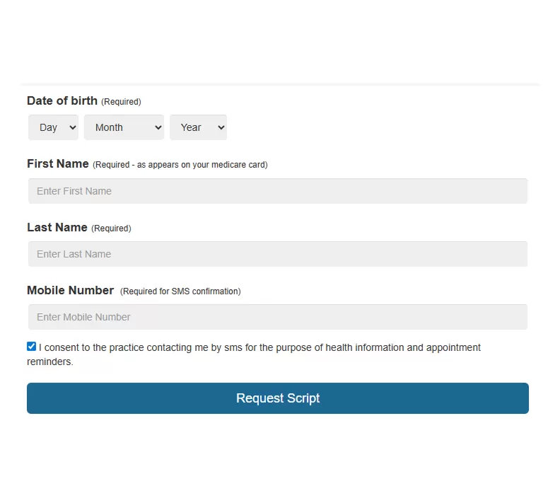 The online script request form, with fields for date of birth, name and mobile number