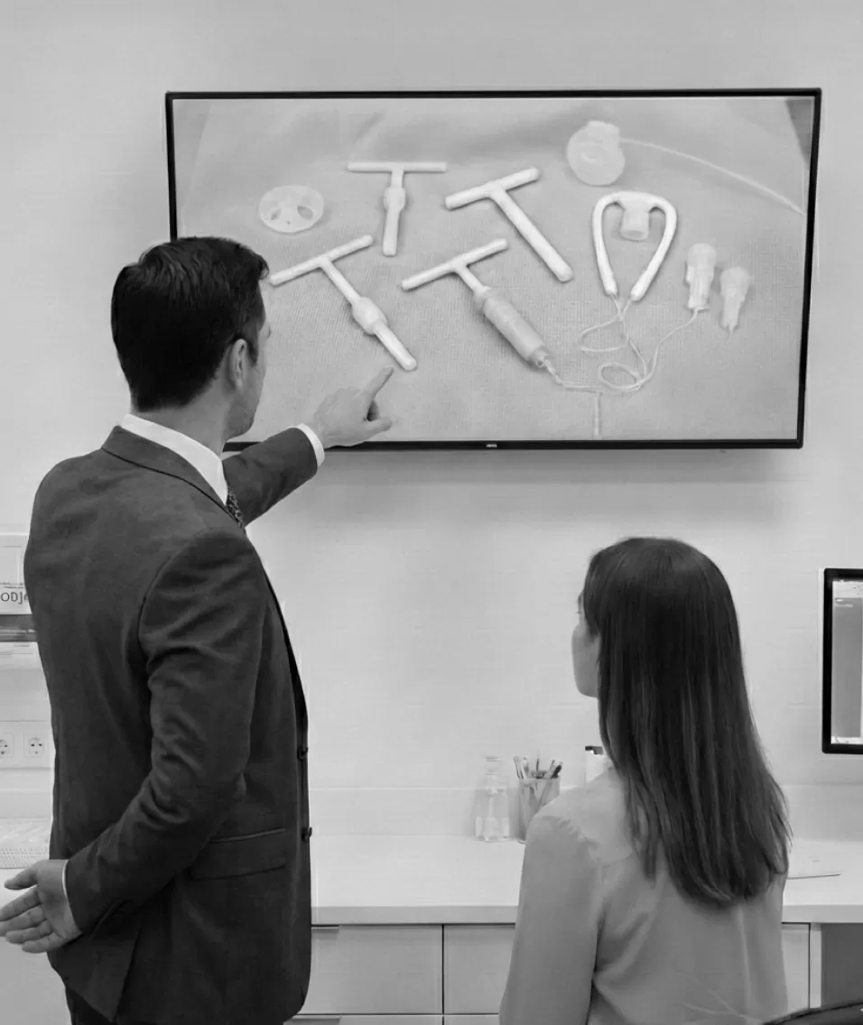 A doctor explaining contraceptive options to a patient using a wall display of devices
